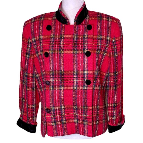 Vtg 80s Red Tartan Plaid Blazer Women’s Double Breasted Cropped Punk Preppy 14 - Picture 1 of 8